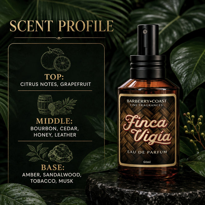 Barberry Coast Finca Vigía Eau de Parfum cologne bottle in a lush tropical setting with dark green leaves, wet stone, warm amber glass, and a visible liquid line. Text on image reads: “Scent Profile. Top: Citrus Notes, Grapefruit. Middle: Bourbon, Cedar, Honey, Leather. Base: Amber, Sandalwood, Tobacco, Musk.”