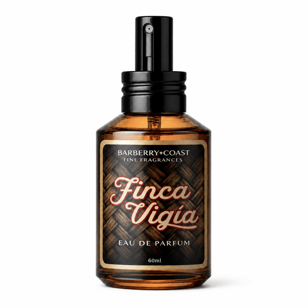 Finca Vigia Eau de Perfume Cologne bottle by Barberry Coast. Standard 2oz clear amber-colored apothecary bottle with a black atomizer sprayer cap. Lookout home in Havana, Cuba.