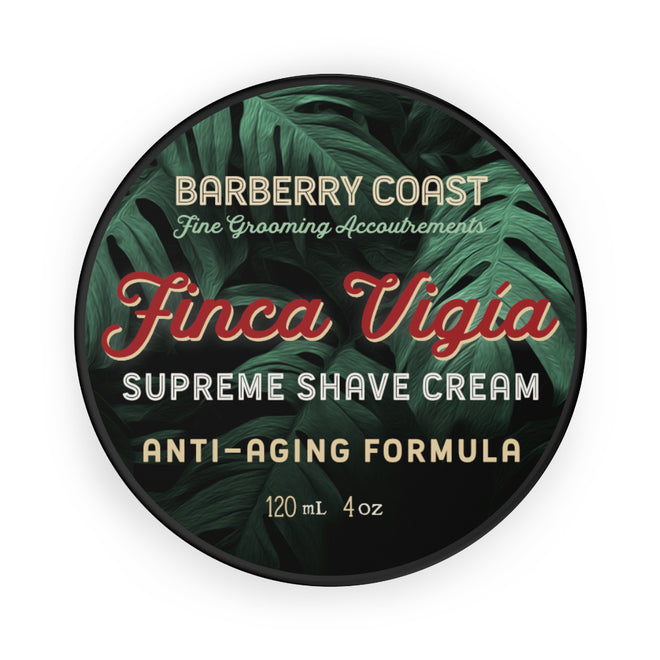 Barberry Coast Finca Vigia Supreme Shave Cream container with tropical leaf design