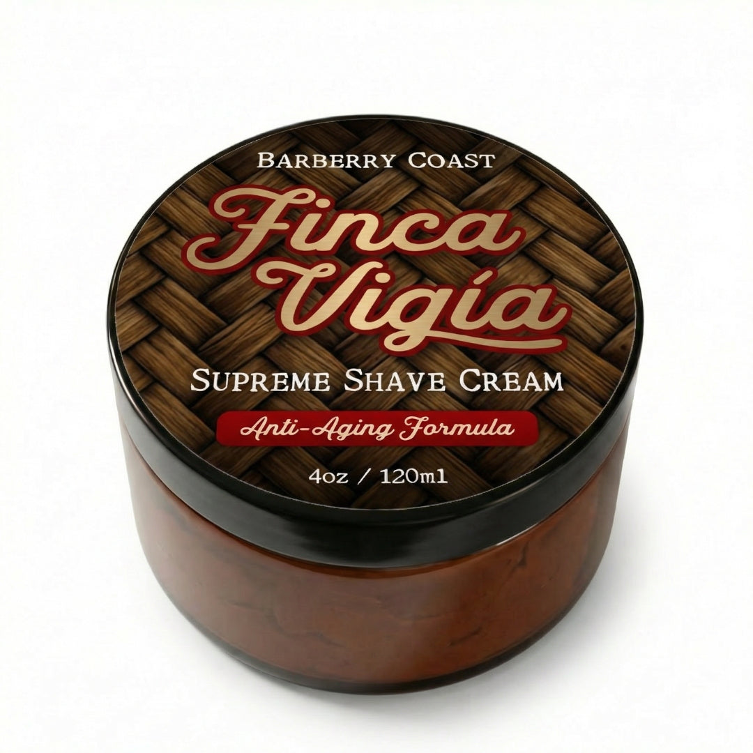 Jar of Finca Vigia Supreme Shave Cream with rattan wood textured lid on a white background