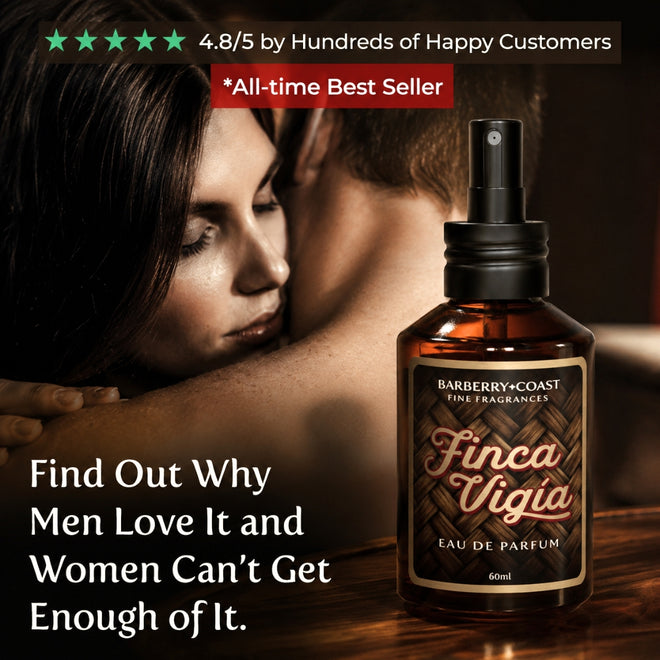 Woman smelling man's neck. Barberry Coast Finca Vigía Eau de Parfum cologne bottle shown beside a warm romantic lifestyle image, with five-star rating text and the headline “Find Out Why Men Love It and Women Can’t Get Enough of It.”