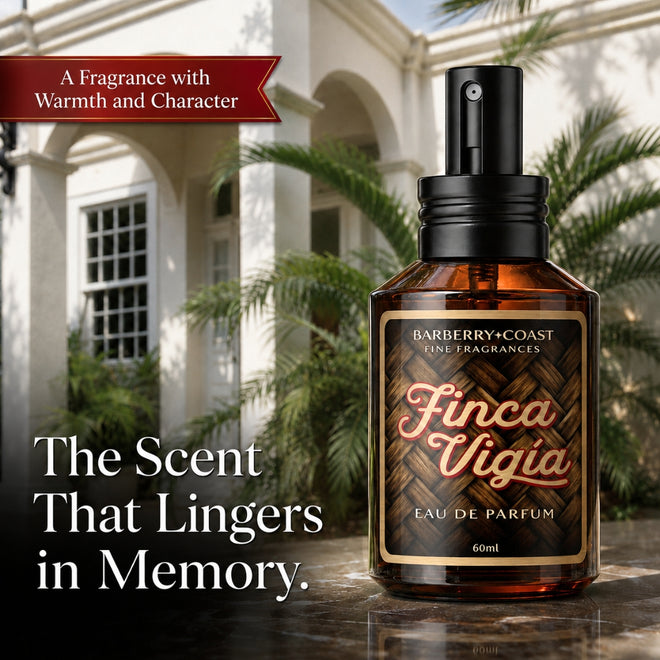 Barberry Coast Finca Vigía Eau de Parfum cologne bottle photographed outdoors in a sunlit tropical courtyard with palm greenery and warm reflections (lookout house in Havana, Cuba). Text on image reads: “A Fragrance with Warmth and Character” and “The Scent That Lingers in Memory.”