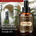 Finca Vigia Eau de Parfum Cologne bottle, amber color with black spray cap, Ernest Hemingway's Havana, Cuba home in the background with the words Find Out Why Men Love It and Women Can't Get Enough of It.