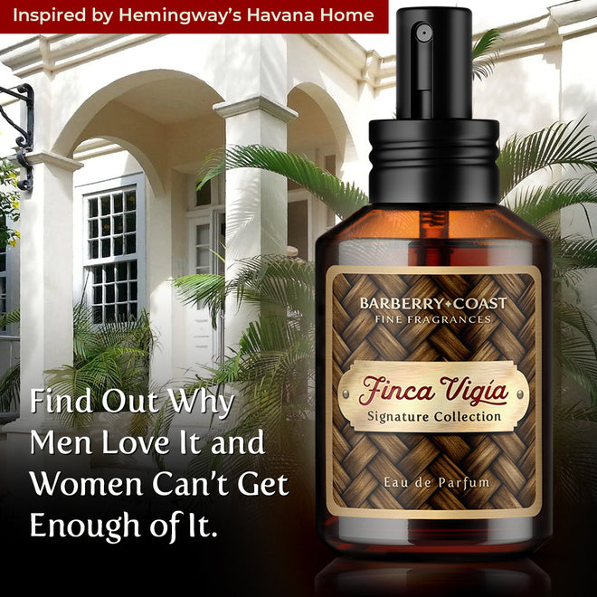 Finca Vigia Eau de Parfum Cologne bottle, amber color with black spray cap, Ernest Hemingway's Havana, Cuba home in the background with the words Find Out Why Men Love It and Women Can't Get Enough of It.