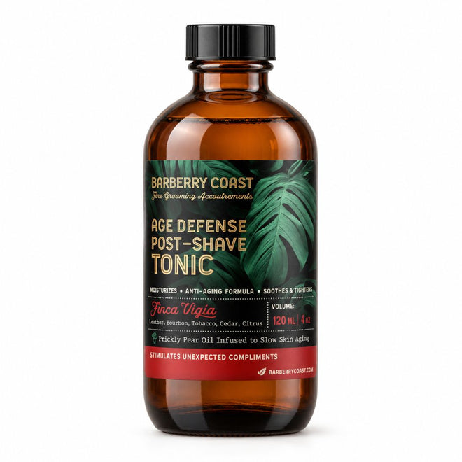 Barberry Coast Finca Vigía Age Defense Tonic in a 4 oz amber bottle with a black cap, green tropical-leaf label and red accent band, on a white background.