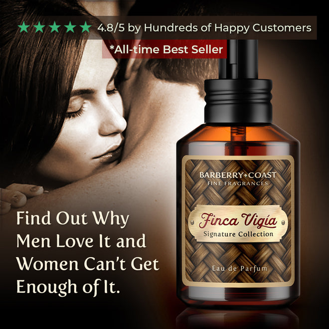 Rated 4.8 out of 5 by hundreds of happy customers. Woman smelling a man's neck with a bottle of Finca Vigia Eau de Perfume Cologne by Barberry Coast off to the side with the caption "Find out why men love it and women can't get enough of it." Formerly Ernest Hemingway Signature Collection by Hemingway Accoutrements