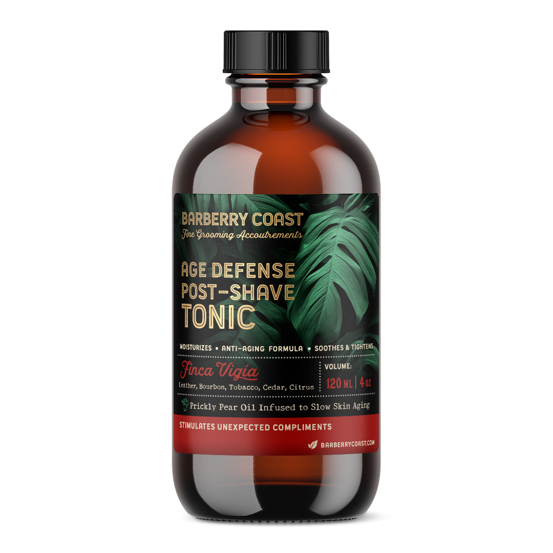 Age Defense Aftershave tonic bottle with a label featuring a green leafy design and the name 'Finca Vigía'. 4 ounce. The cap is black, and the liquid inside is clear. Barberry Coast