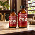 Barberry Coast Havana Aftershave Splash 4oz and 8oz bottles on a marble bathroom countertop.