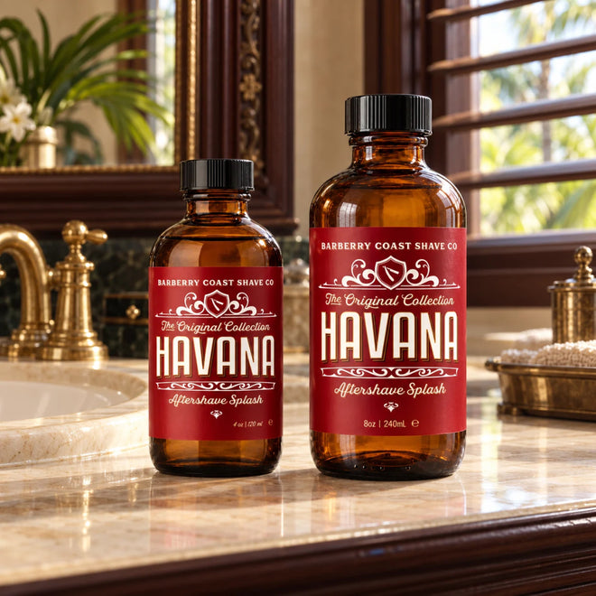 Barberry Coast Havana Aftershave Splash 4oz and 8oz bottles on a marble bathroom countertop.