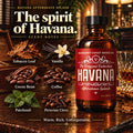 Barberry Coast Havana Aftershave Splash in a red-labeled amber bottle in a warm Havana lounge setting, with illustrated scent notes of tobacco leaf, vanilla, cocoa bean, coffee, patchouli and Peruvian clove.