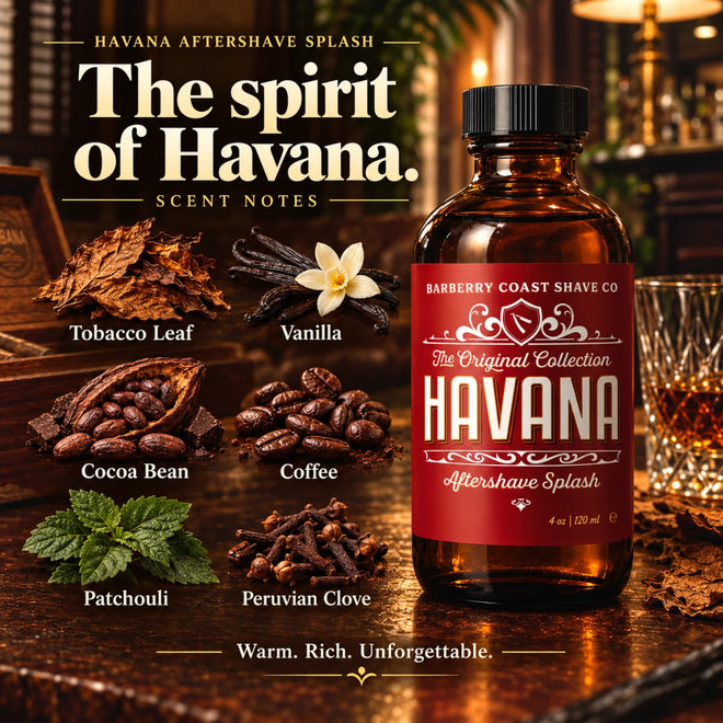 Barberry Coast Havana Aftershave Splash in a red-labeled amber bottle in a warm Havana lounge setting, with illustrated scent notes of tobacco leaf, vanilla, cocoa bean, coffee, patchouli and Peruvian clove.
