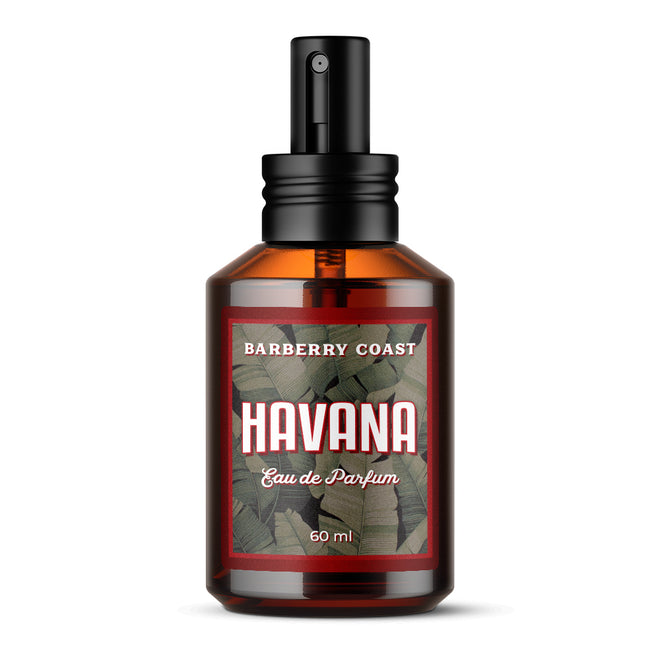 Bottle of Havana Eau de Parfum Cologne - 60ml size with a black sprayer atomizer cap with an amber colored bottle - by Barberry Coast