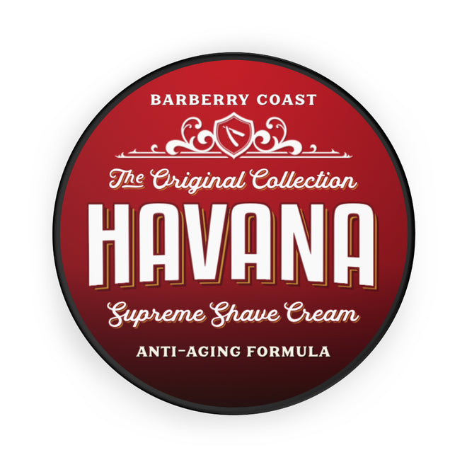 Havana Supreme Shave Cream container with red and white design on a white background
