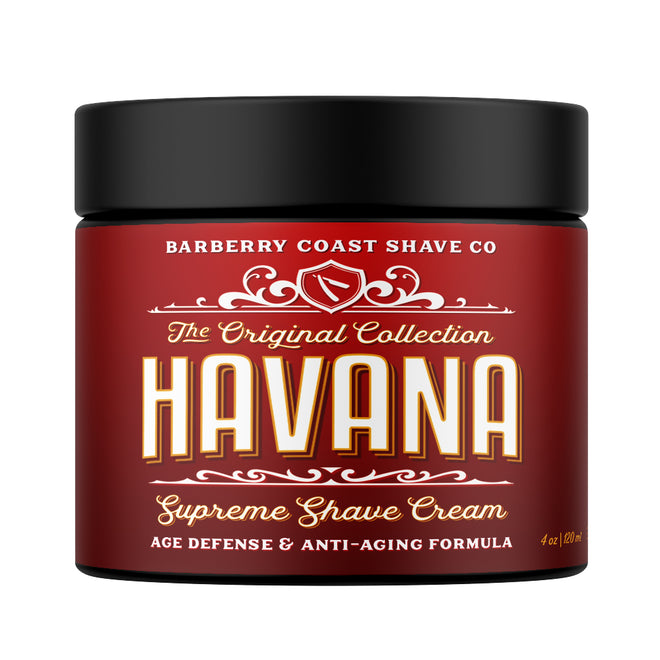 Havana Supreme Shave Cream by Barberry Coast, age defense and anti-aging formula, red label, black jar, 4 ounce size