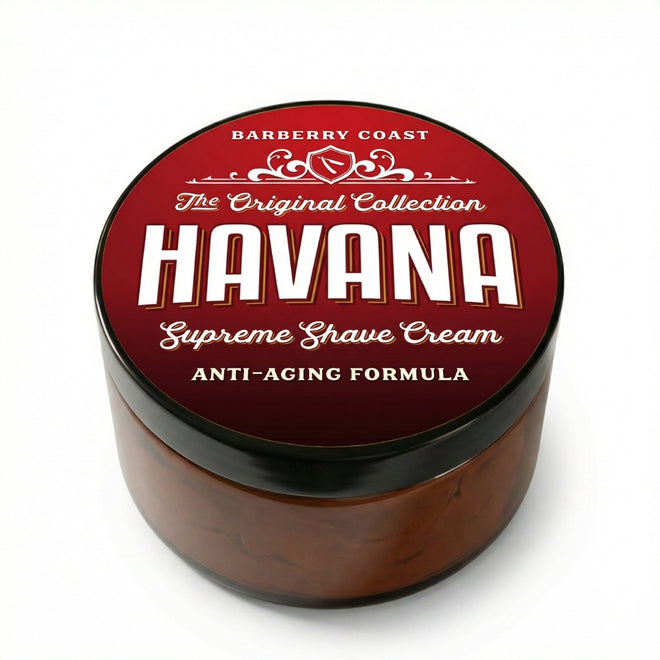 Havana Supreme Shave Cream by Barberry Coast, age defense and anti-aging formula, red label, amber jar, white background, 4 ounce size