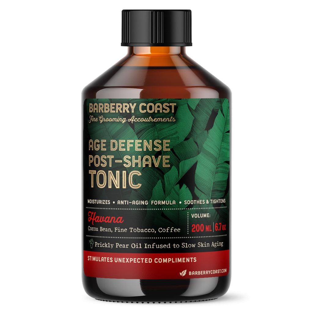 Barberry Coast Havana Age Defense Post-Shave Tonic bottle on a white background