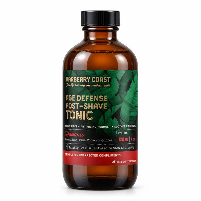 Barberry Coast Havana Age Defense Tonic in a 4 oz amber bottle with a black cap, broad green-leaf label and red accent band, on a white background.