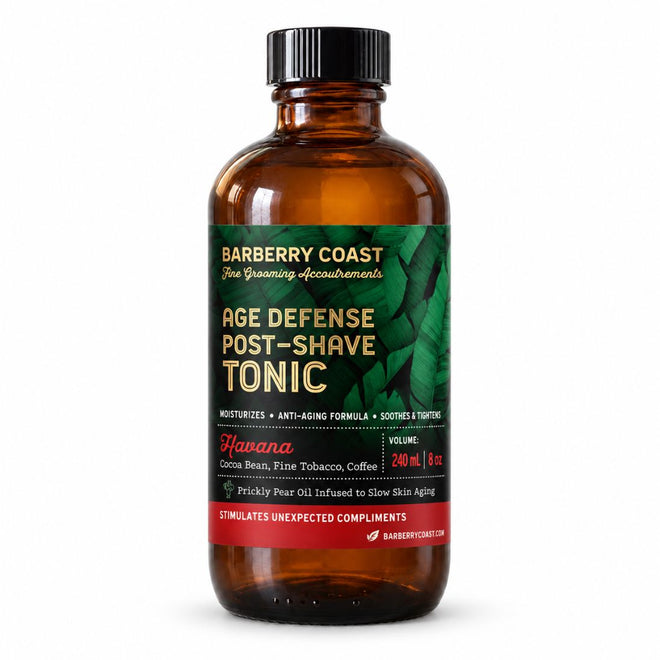 Barberry Coast Havana Age Defense Tonic in an 8 oz amber Boston round bottle with a black cap, broad green-leaf label and red band, on a white background.