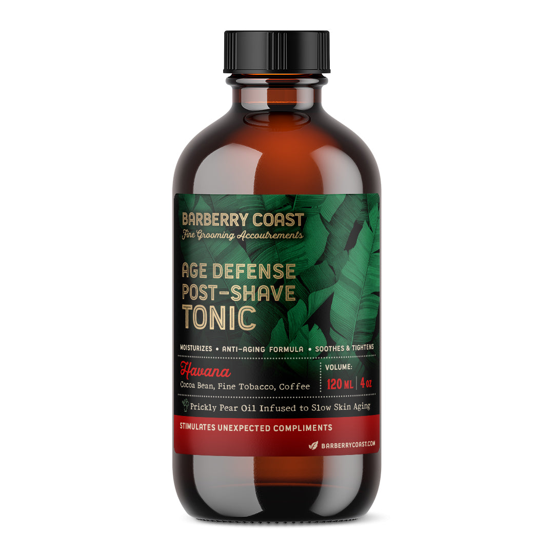 Barberry Coast Havana Age Defense Post-Shave Tonic bottle on a white background