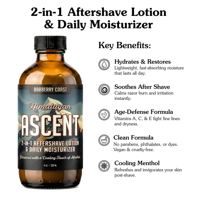 A clear amber glass bottle of Himalayan Ascent 2-In-1 Aftershave Lotion & Daily Moisturizer with a label featuring mountain imagery and the name of the product on a white background with a list of key benefits. Barberry Coast
