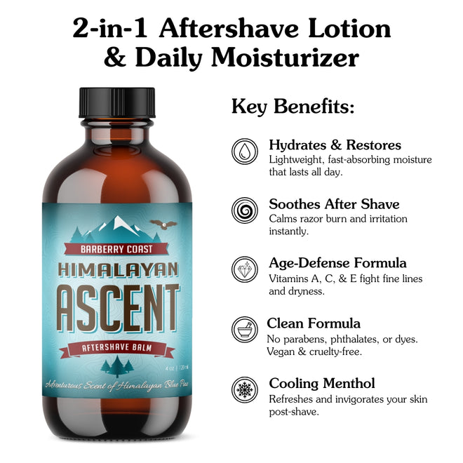 A clear amber glass bottle of Himalayan Ascent 2-In-1 Aftershave Lotion & Daily Moisturizer with a label featuring mountain imagery and the name of the product on a white background with a list of key benefits