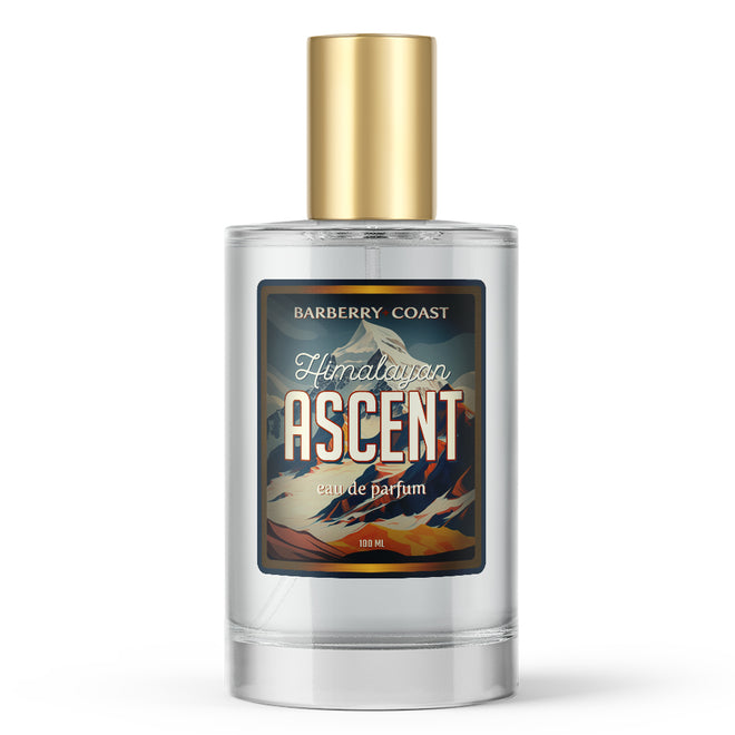 Bottle of Himalayan Ascent Eau de Parfum Cologne from Barberry Coast - 4oz round clear bottle with label and gold spray atomizer cap