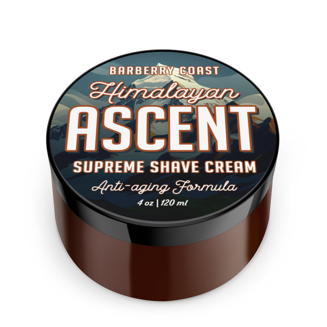 Himalayan Ascent Supreme Shave Cream by Barberry Coast. Age defense and anti-aging formula. 4 ounce, 120 ml side in a black jar on a white background.