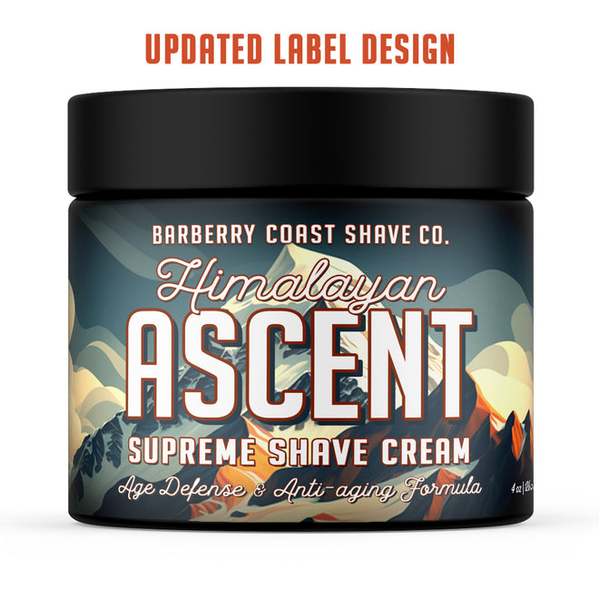 Himalayan Ascent Supreme Shave Cream by Barberry Coast. Age defense and anti-aging formula. 4 ounce, 120 ml side in a black jar on a white background.