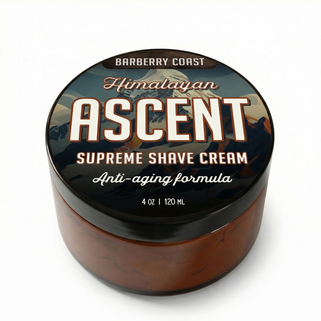 Himalayan Ascent Supreme Shave Cream by Barberry Coast. Age defense and anti-aging formula. 4 ounce, 120 ml side in a black jar on a white background.