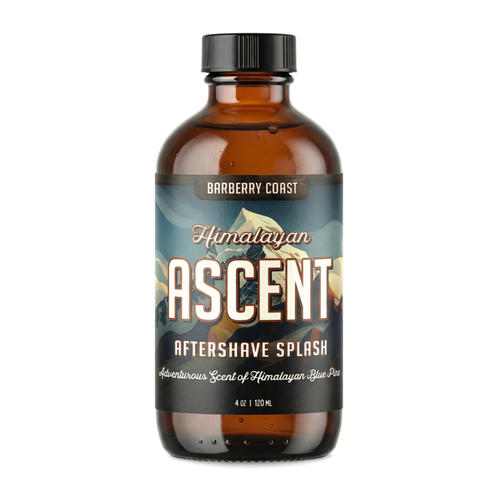 Amber-colored Himalayan Ascent Aftershave Splash bottle with a black cap on a white background by Barberry Coast