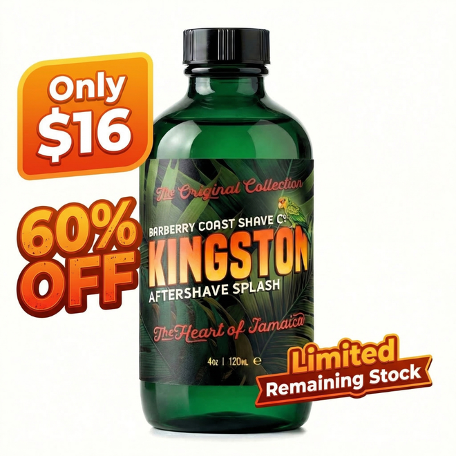 Bottle of Kingston aftershave splash with promotional text on a white background