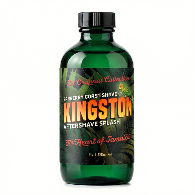 Green bottle of Kingston Aftershave Splash with black cap on a white background