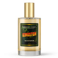 Kingston Eau de Parfum Cologne - a 4 ounce clear glass cologne bottle with gold atomizer spray cap and green label with text "Barberry Coast Fine Fragrances - Kingston Eau de Parfum"