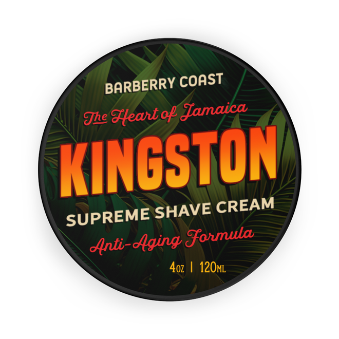 Barberry Coast Kingston Supreme Shave Cream container with tropical leaf design