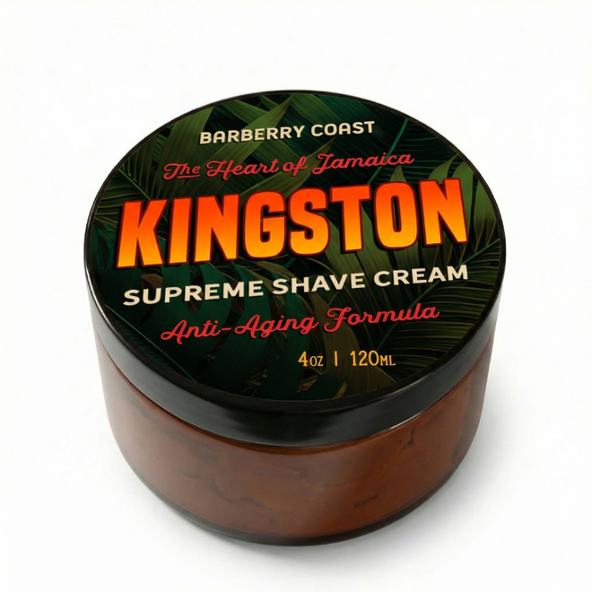 Jar of Kingston Supreme Shave Cream with decorative label on a white background