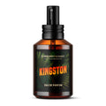 Kingston Eau de Parfum Cologne - a 2 ounce clear glass cologne bottle with gold atomizer spray cap and green label with text "Barberry Coast Fine Fragrances - Kingston Eau de Parfum" on a white background