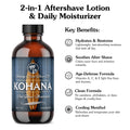 A clear amber glass bottle of Kohana Unscented 2-In-1 Aftershave Lotion & Daily Moisturizer with a black cap and a label featuring a palm tree and the brand name Kohana on a white background with a list of key benefits