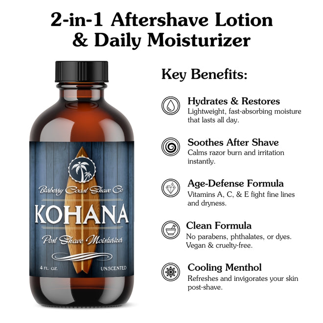 A clear amber glass bottle of Kohana Unscented 2-In-1 Aftershave Lotion & Daily Moisturizer with a black cap and a label featuring a palm tree and the brand name Kohana on a white background with a list of key benefits