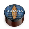 A jar of Kohana Supreme Shave Cream from Barberry Coast Shave Co. with a blue label, indicating it is unscented and has anti-aging properties.