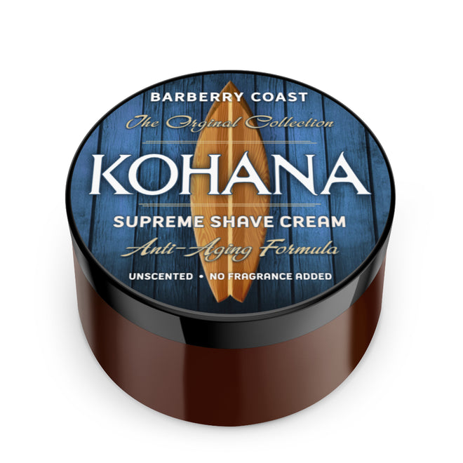 A jar of Kohana Supreme Shave Cream from Barberry Coast Shave Co. with a blue label, indicating it is unscented and has anti-aging properties.
