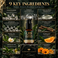 Barberry Coast LX9 Age Defense Power Serum bottle surrounded by nine featured ingredients, including niacinamide, sodium hyaluronate, saccharide isomerate, glycosaminoglycans, licorice root, white tea, stabilized vitamin C, green tea oil, and calendula extract.