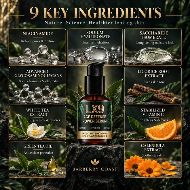 Barberry Coast LX9 Age Defense Power Serum bottle surrounded by nine featured ingredients, including niacinamide, sodium hyaluronate, saccharide isomerate, glycosaminoglycans, licorice root, white tea, stabilized vitamin C, green tea oil, and calendula extract.