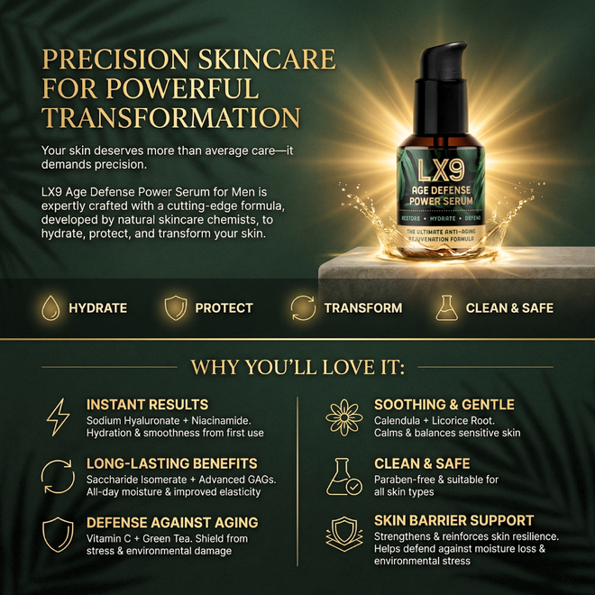 LX9 Age Defense Power Serum for Men on a dark green background with product details.