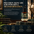 Barberry Coast LX9 Age Defense Power Serum bottle displayed on a marble pedestal in a navy, brass, and botanical setting. Text highlights precision skincare for men and the benefits hydrate, protect, transform, and clean and safe.