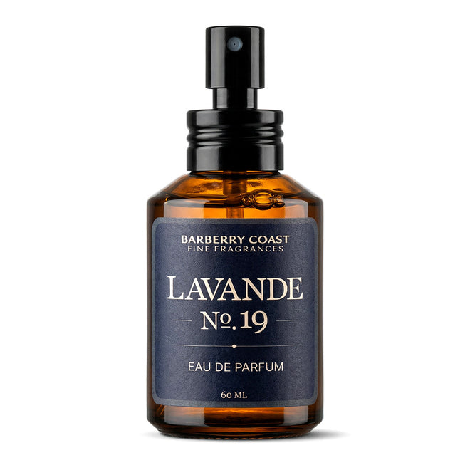 Brown glass bottle with black spray nozzle labeled 'Lavande No. 19' Eau de Parfum cologne by Barberry Coast on a white background. 60ml size.