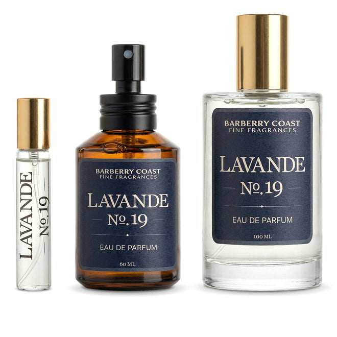 Lavande No. 19 Eau de Parfum EdP cologne. All three available sizes; 100ml. 60ml, 10ml. Barberry Coast