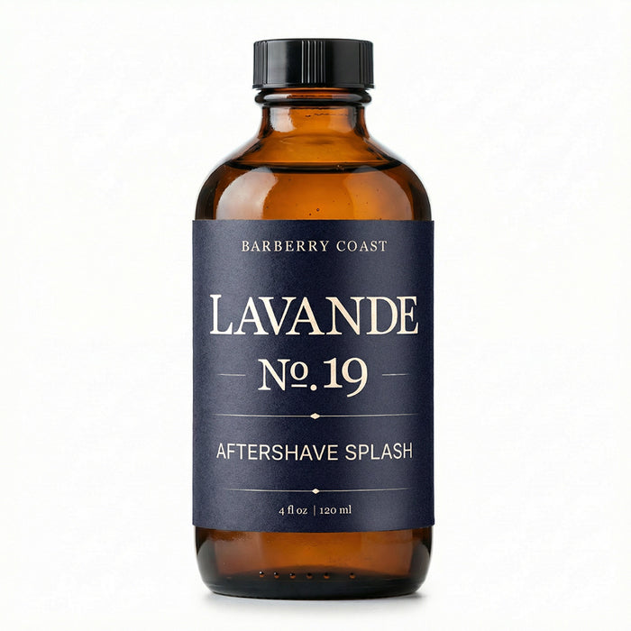 Aftershave splash bottle labeled 'Lavande No. 19' by Barberry Coast on a white background