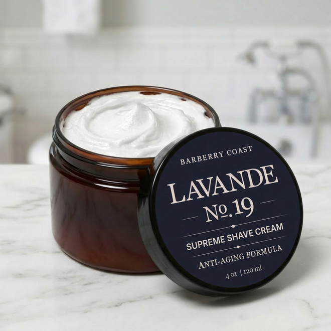 Jar of Barberry Coast Lavande No. 19 Supreme Shave Cream on a marble surface