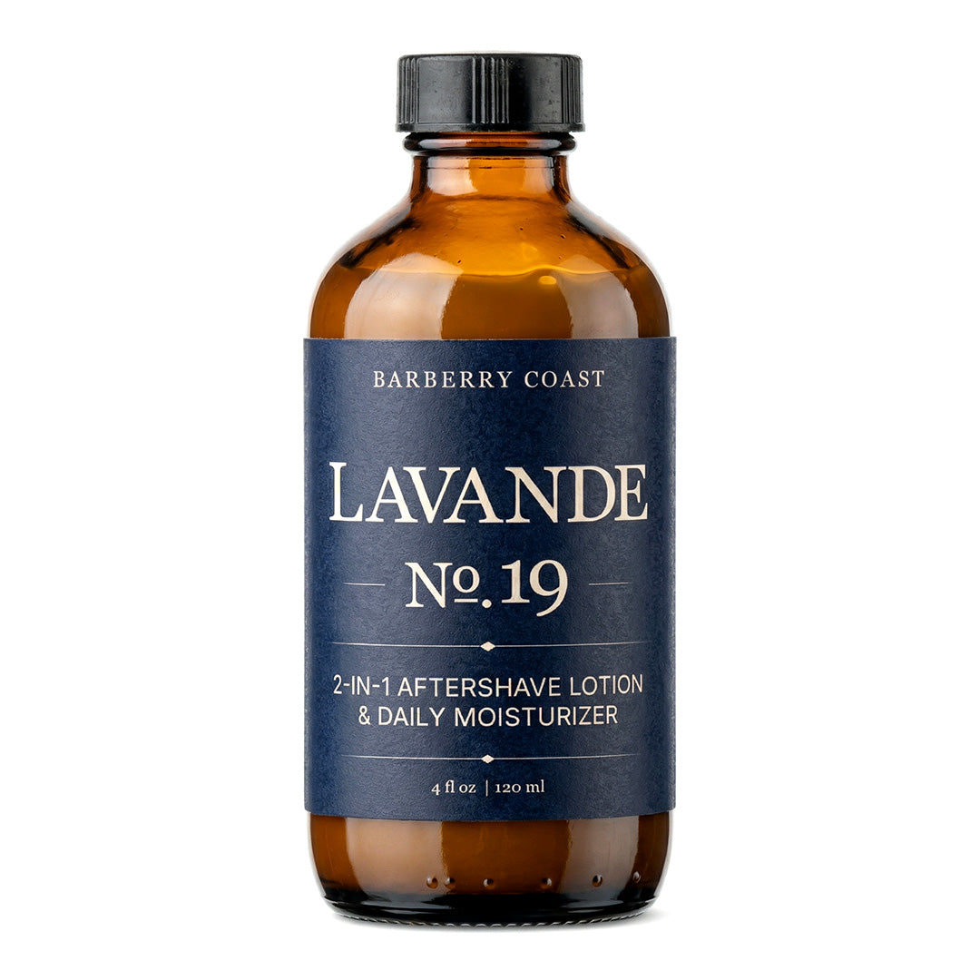 Barberry Coast Lavande No. 19 2-in-1 aftershave lotion & daily moisturizer bottle on a white background