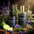 Two bottles of Barberry Coast Lavande No. 19 eau de parfum cologne surrounded by lavender flowers and herbs.